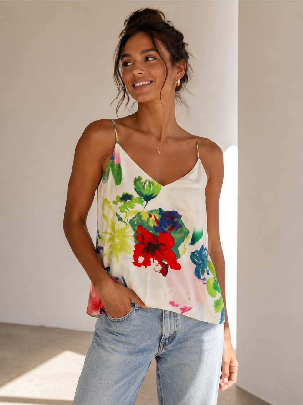 White Floral Print Silk Cami